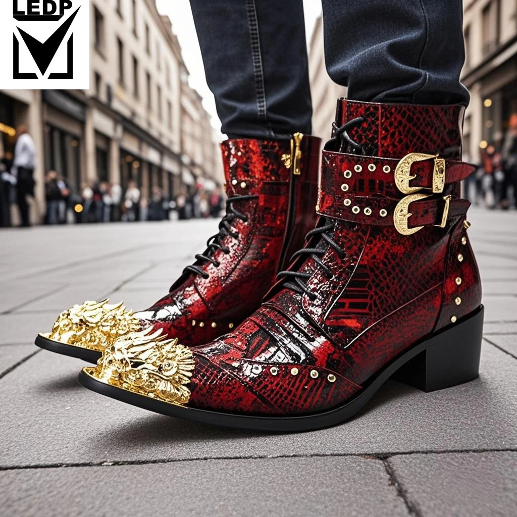 

Autumn Austomized Serpentine Men's Boots Bar Party Personality Medium Boots Tip Luxury Model Singer Rivet Leather Boots