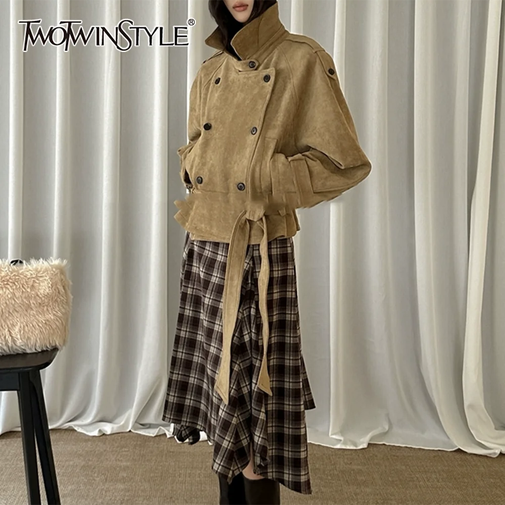 

TWOTWINSTYLE Solid Spliced Lace Up Jacket Female Lapel Long Sleeve Loose Retro Streetwear Women's Jackets Autumn Fashion Style