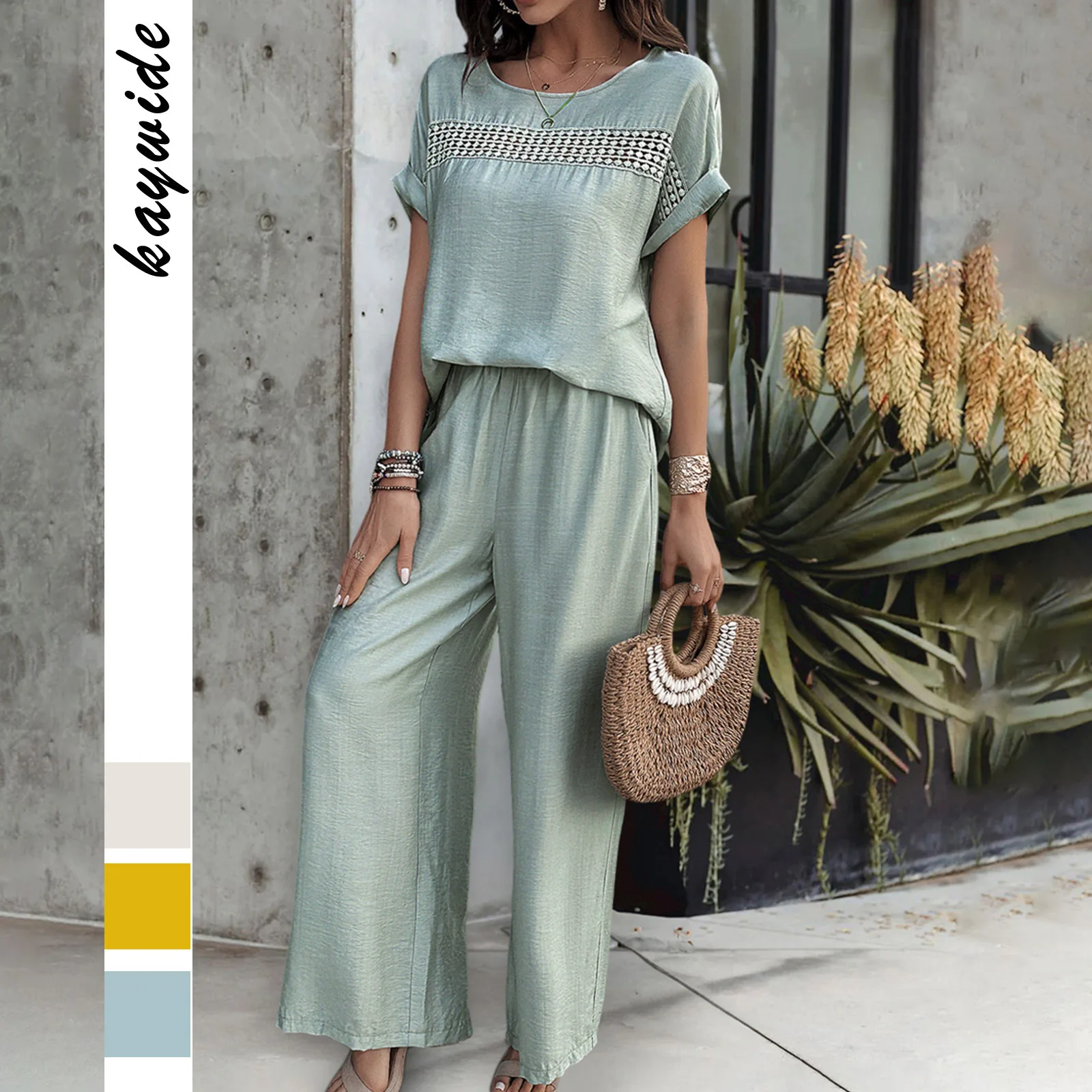 

Women's Summer New Solid O-neck Suit Fashionable Stylish Elegant Casual Wide Leg Pants Holiday Casual 2 Sets Set