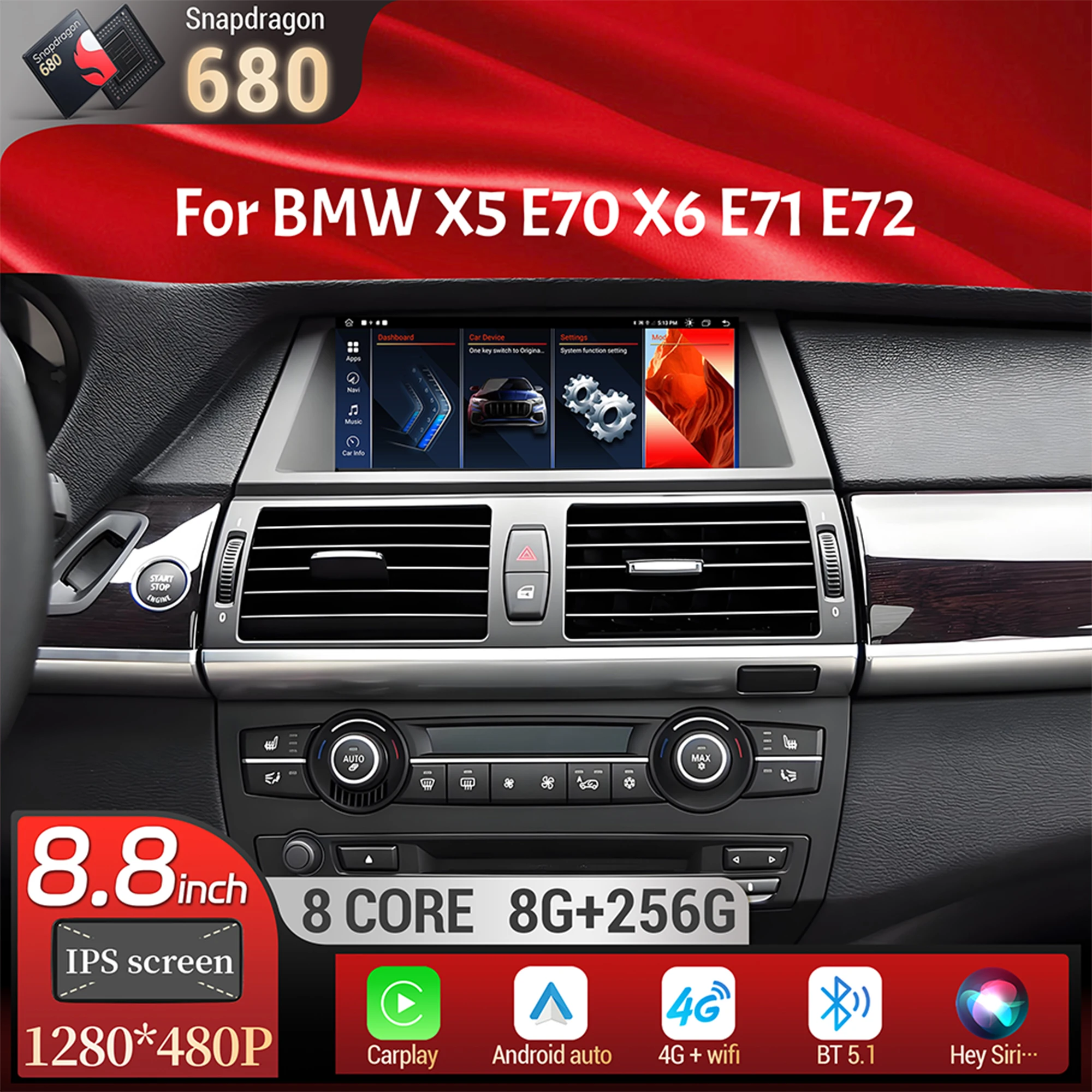 

8.8 inch Android 13 For BMW X5 E70 X6 E71 E72 Car Radio GPS Wireless BT Carplay Qualcomm Snapdragon 680 Head Unit Touch Screen