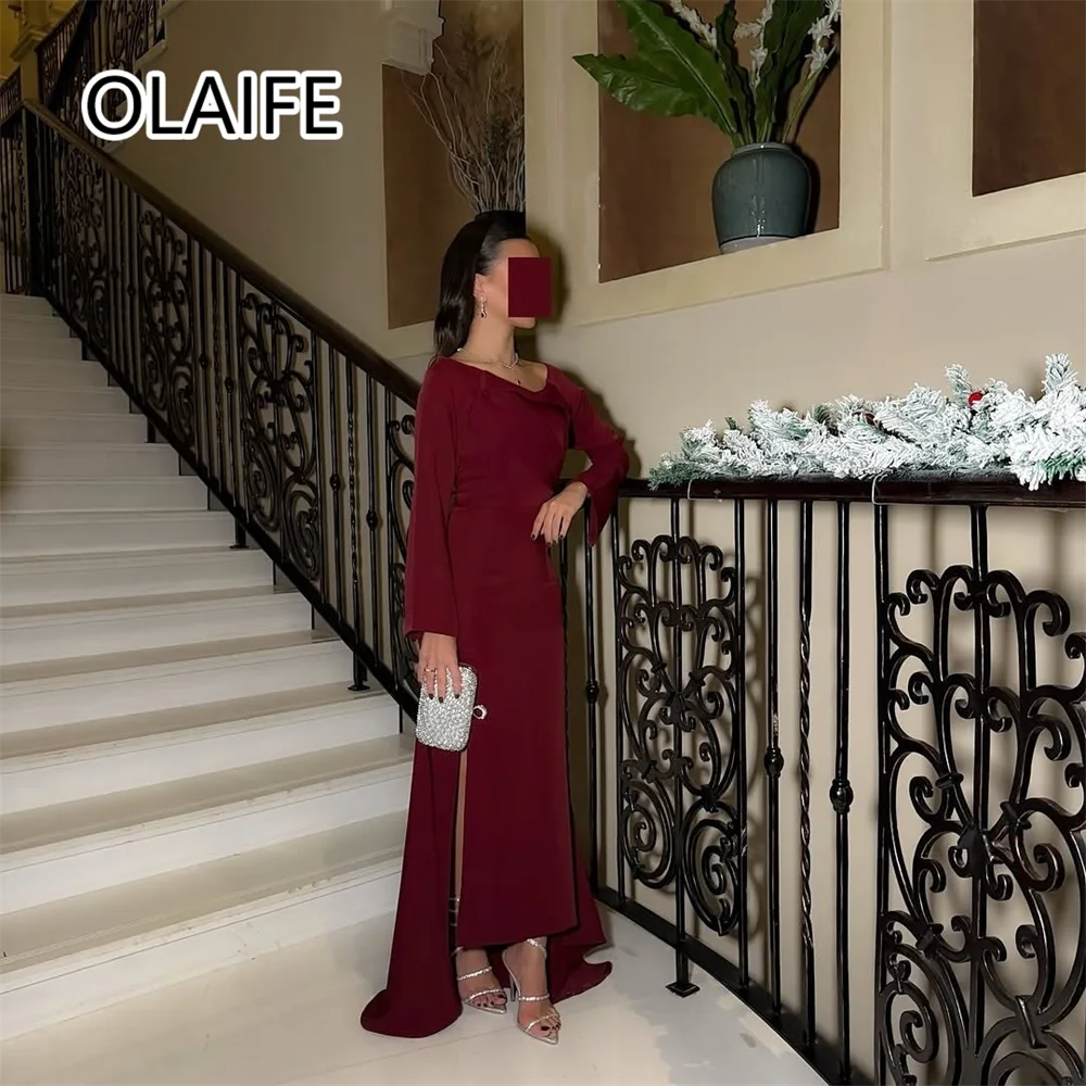 Customized Saudi Arab Prom Bridesmaid Dress O-neck Flowing Sheath Floor-Length Long Robes Prom Evening Gown with Long Sleeve