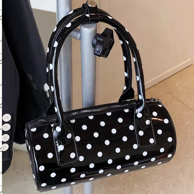 

French Polka Dot Handbag Stylish Cylindrical Adjustable Crossbody Bag Retro Black White Color-blocked Zipper Shoulder Bag Wallet