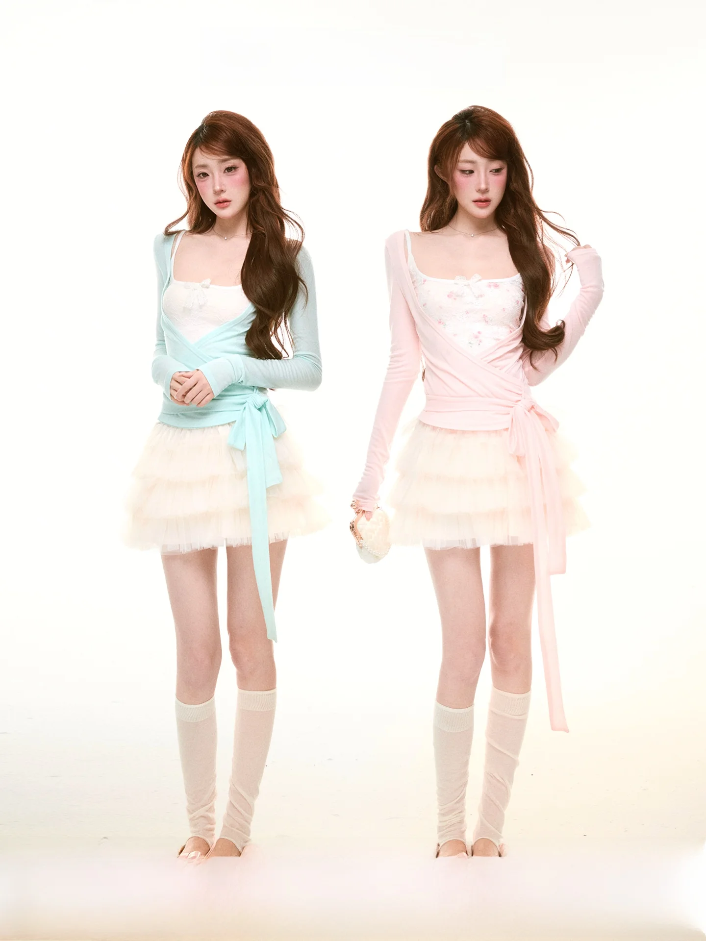 

Sakura Soda Spring Summer Fashion Set Lace Mesh Puffy Cake Skirt Crossed Strap Translucent Ballet Style Short Sleeve Top