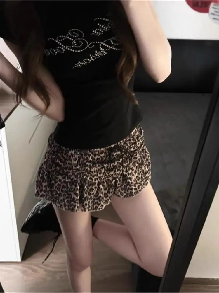 Sweet Cool Leopard Print High Waist Half Skirt Women's Summer New Puffy A-Line Short Skirt Elastic Waist Small Size Skirt