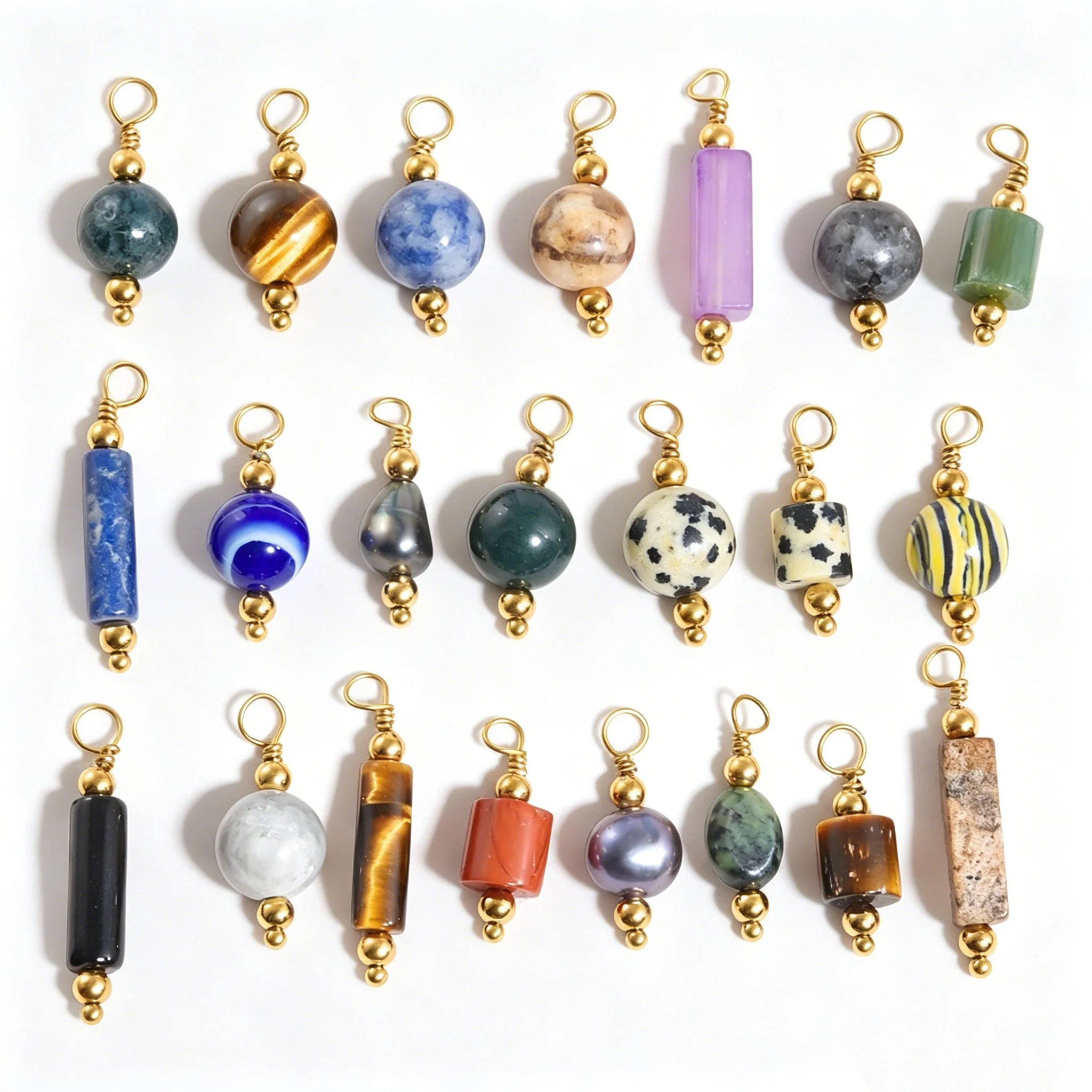 6pcs Colorful Natural Stone Stainless Steel Gold Color Round Beads Pendant Waterproof DIY Bracelet Necklace Key Chain Accessory