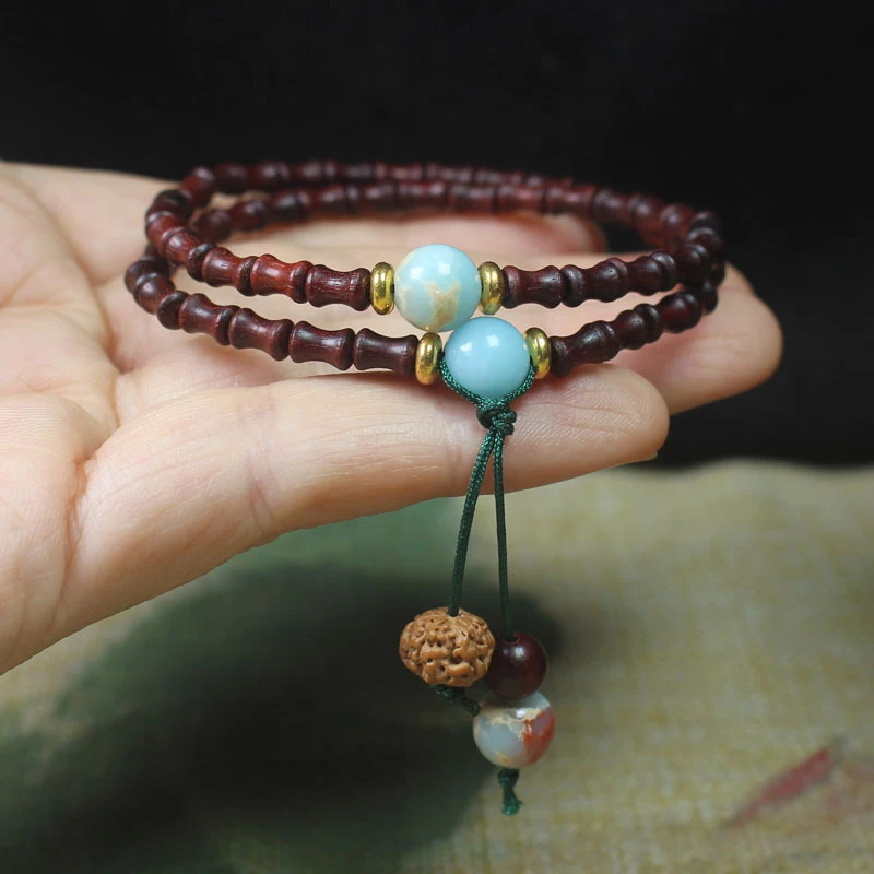 

Zambian Rosewood Blood Sandalwood 4mm Bamboo-Style Double-Layer Bracelet with Shoushan Stone, Forest-Themed Artistic Ornament