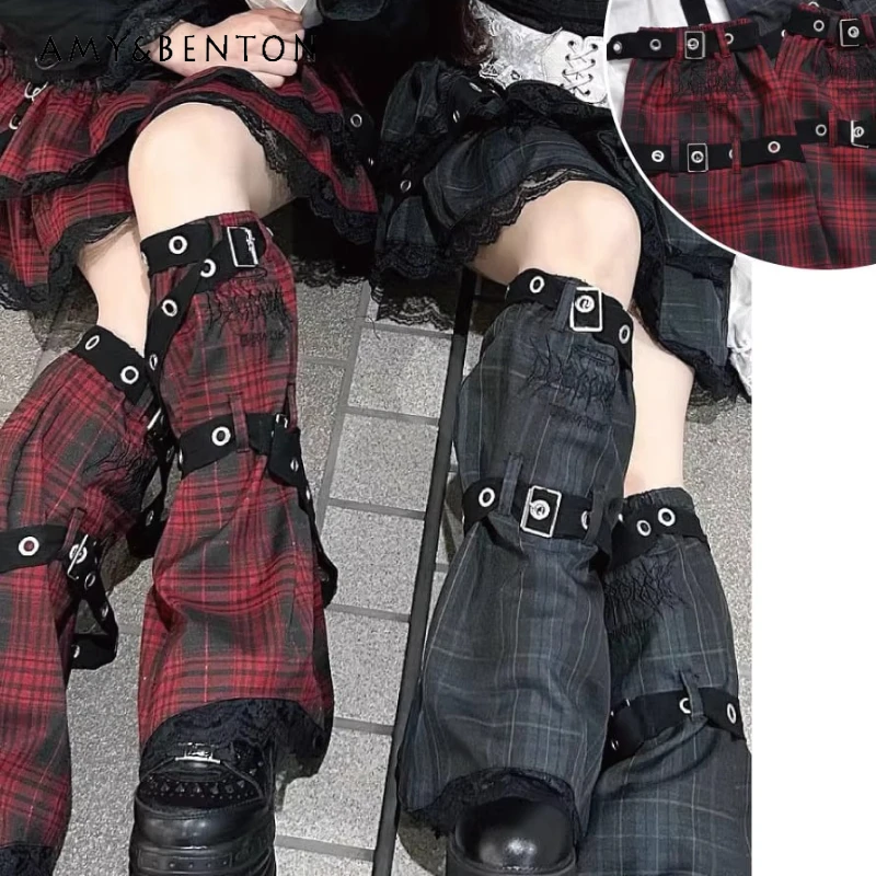 

Оригинальный дизайн, женские носки в стиле Y2K, панк, темный, милый, крутой, модный, универсальный дизайн, клетчатые, с вышивкой, с ремешками, гетры, женские