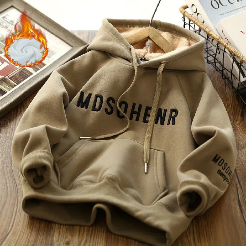 Boys Plus Velvet Hoodies Winter Kids Padded Sweatshirts Children Autumn Thicken Warm Tracksuit Teenager Fashion Clothing 5-14Y
