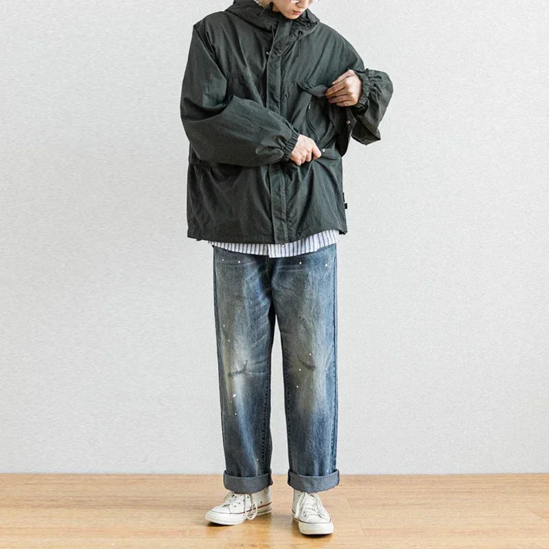 Water Wash Splash Paint Dot Moustache Effect  Hole Make Old Straight Tube Men's Versatile Jeans Trendy