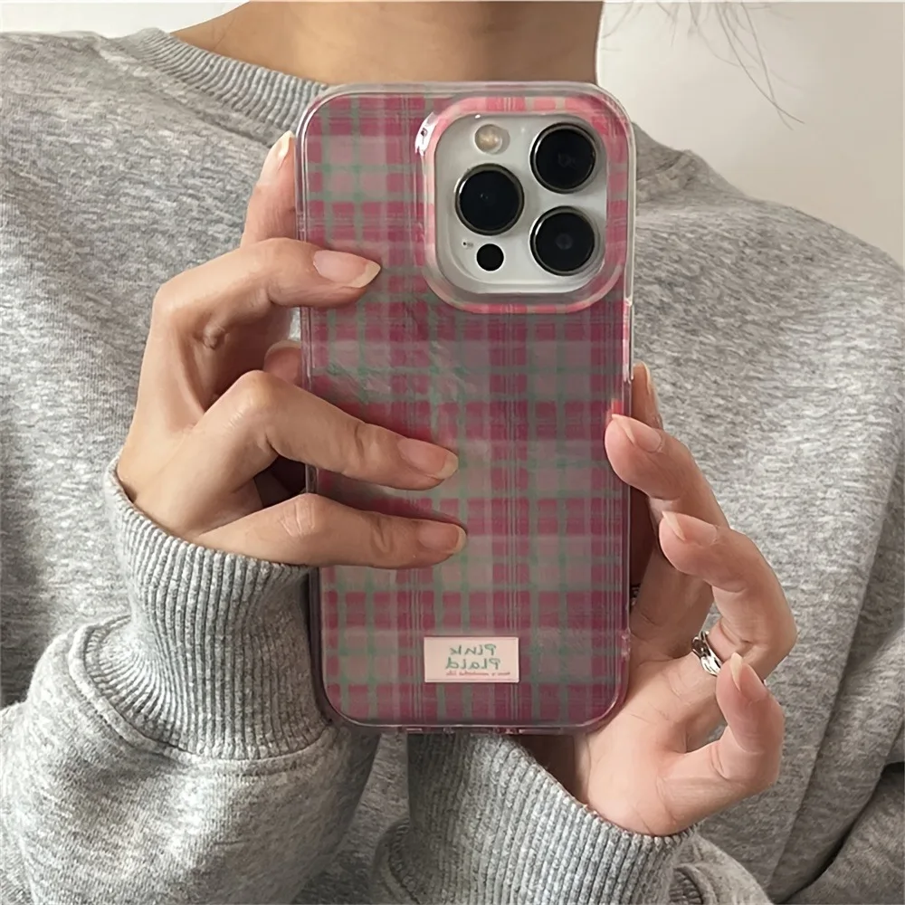 Cute Dopamine Color Block Match Plaid Clear Phone Case for iPhone 16 15 14 13 12 11 Pro Max 7 8 Plus X XS Pink Tartan Soft Cover