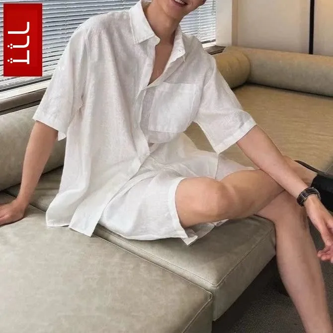 Loose Fit Linen Silk Short Sleeve Shirt Set Men's Vintage Feel Cotton Linen Five-Quarter Shorts Two-Piece Set Breathable Summ...
