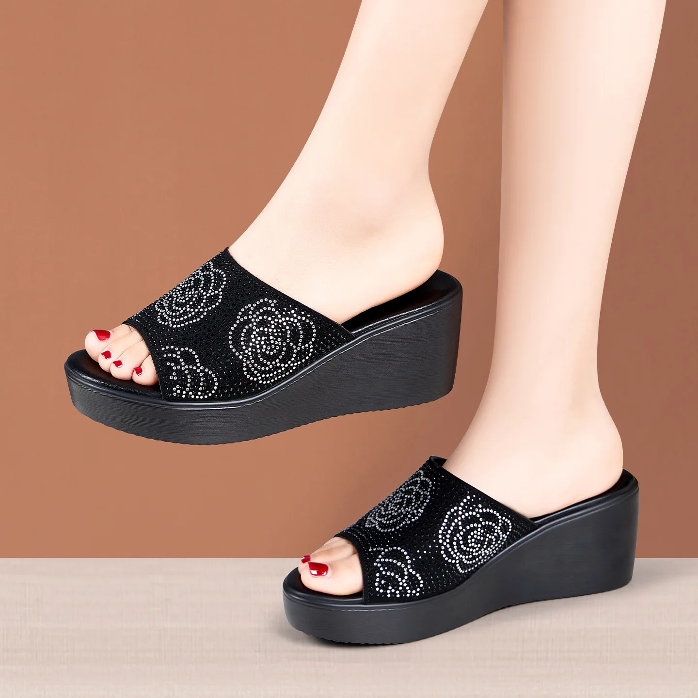 

6cm Comfortable Thick Bottom Rhinestone Platform Wedges Slippers Women Shoes 2025 Summer Med Heels Slides for Office Mom Work