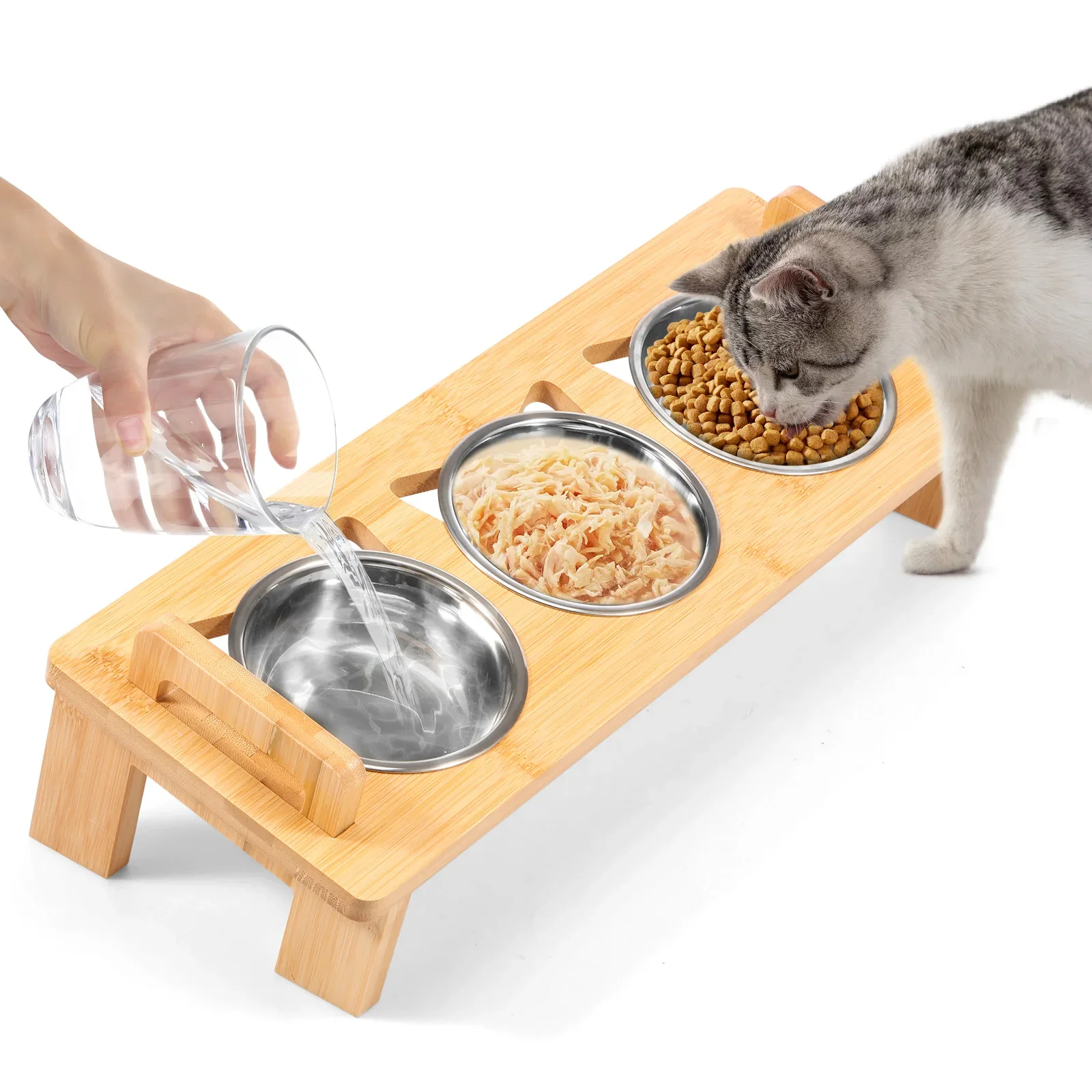 

Приподнятая подставка для кошачьих мисок из нержавеющей стали, набор подставок для сухой и влажной еды, воды, двойные ручки, комплект мисок для кошачьего корма, легкая чистка для маленьких домашних животных