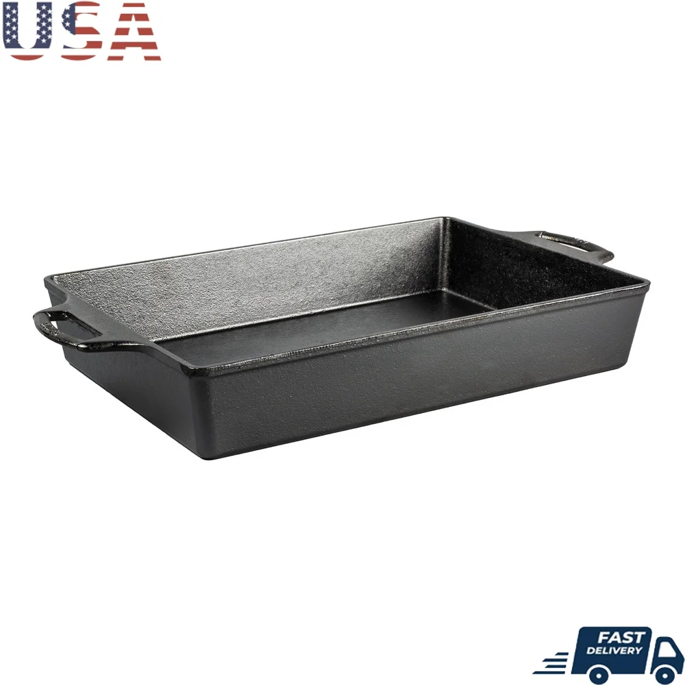 

Seasoned Cast Iron Casserole Pan 9x13 Inch Nonstick Dual Handle Baking Dish Oven Safe Easy Clean Ideal Roasting Vegetables
