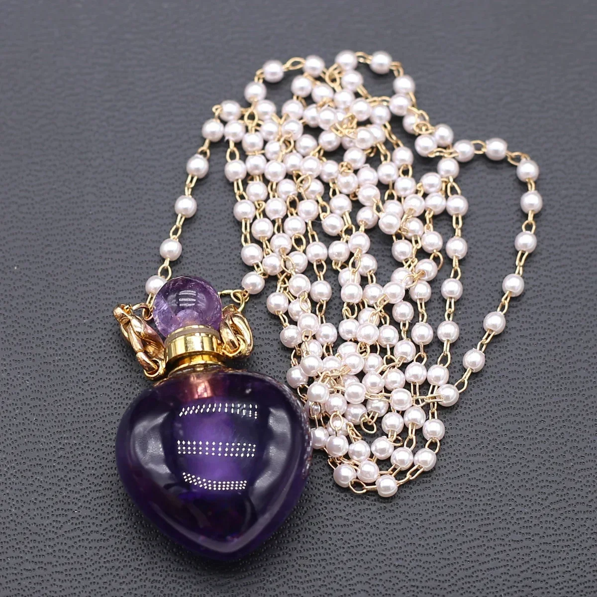 

New Natural Stone Perfume Bottle Pendant Necklace Amethysts Pendant Necklace Essential Oil Diffuser Pearl Chain Length 80cm