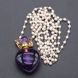 New Natural Stone Perfume Bottle Pendant Necklace Amethysts Pendant Necklace Essential Oil Diffuser Pearl Chain Length 80cm