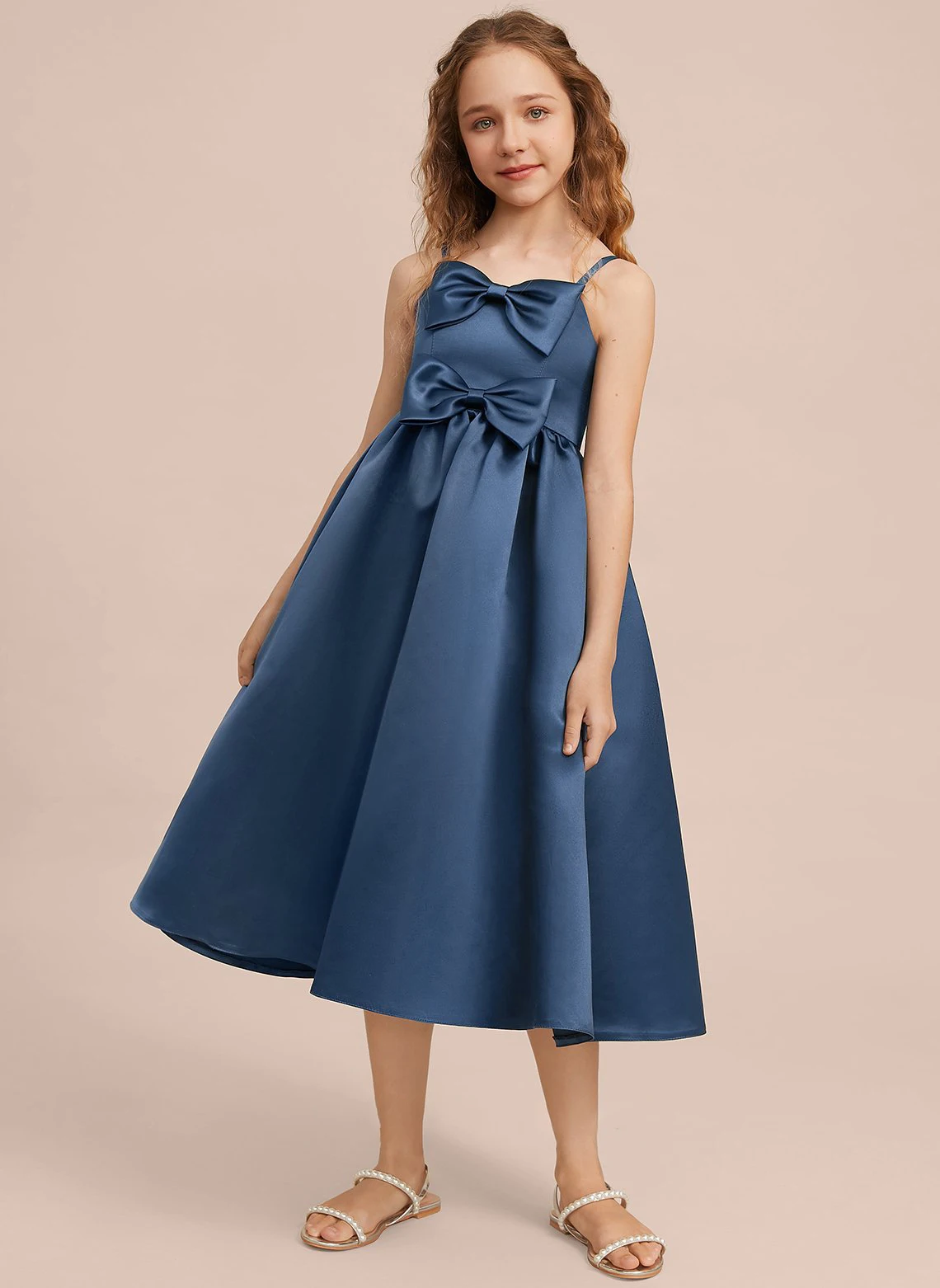 

Girls Birthday Party Evening Dresses A-line Sweetheart Tea-Length Satin Junior Bridesmaid Dress With Bow