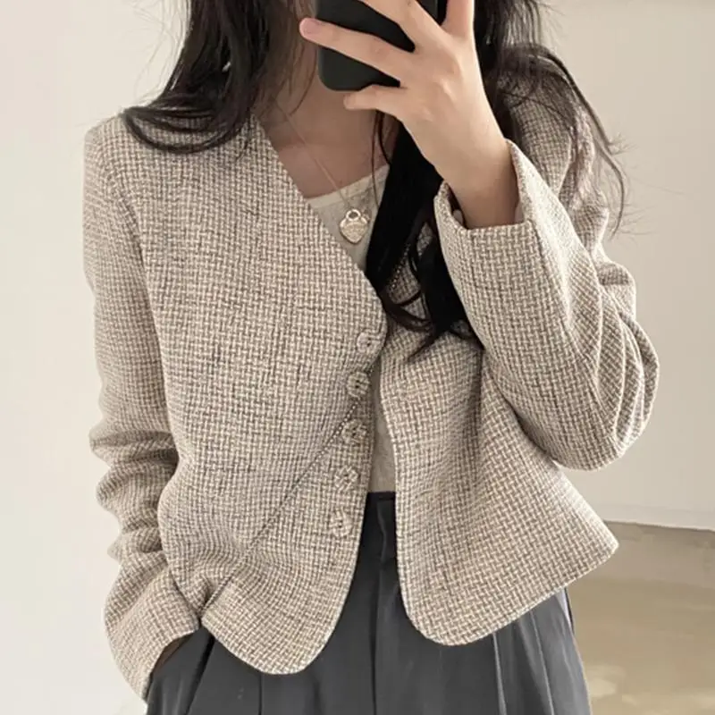 Korean chic spring summer vintage V neck single breasted loose long sleeve short tweed coat for women, coats