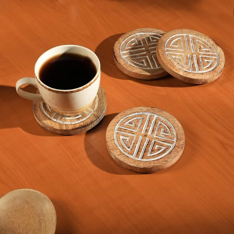 

Artistic Wooden Coasters with Retro Pattern - 4 Pcs Set for Home & Office Heat-Resistant Drink Mat and Decor Table Protector