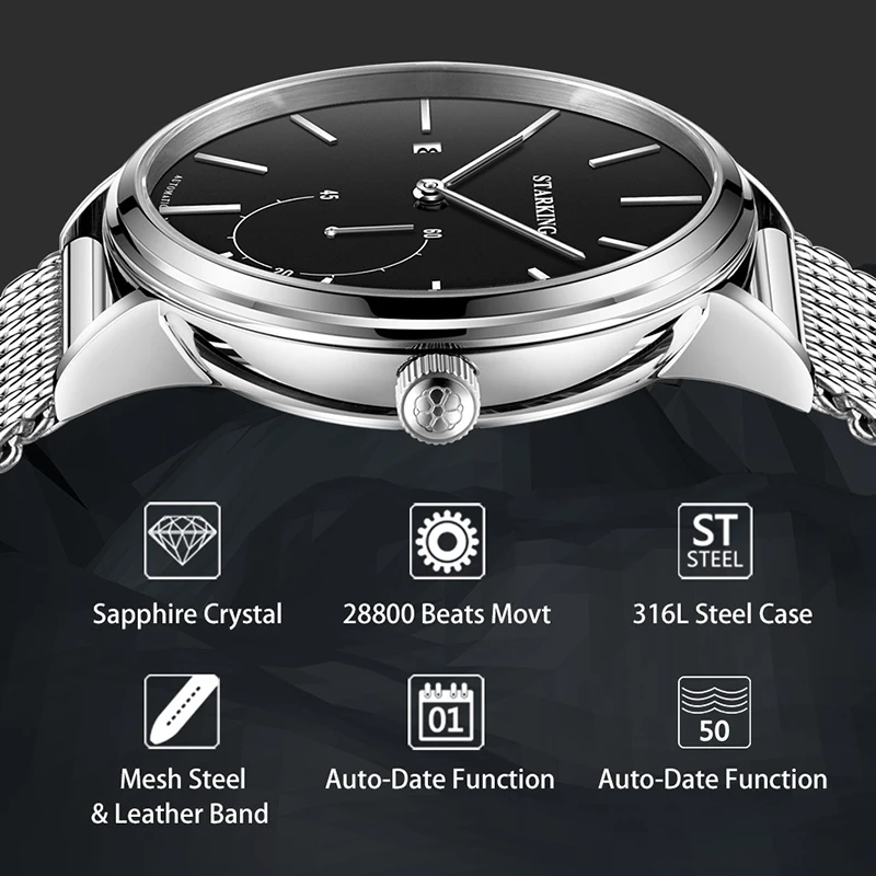 STARKING Design Mechanical Watch Men New In Automatic Watches Simple Top Brand 316L Stainless Steel Wristwatch Waterproof Clock