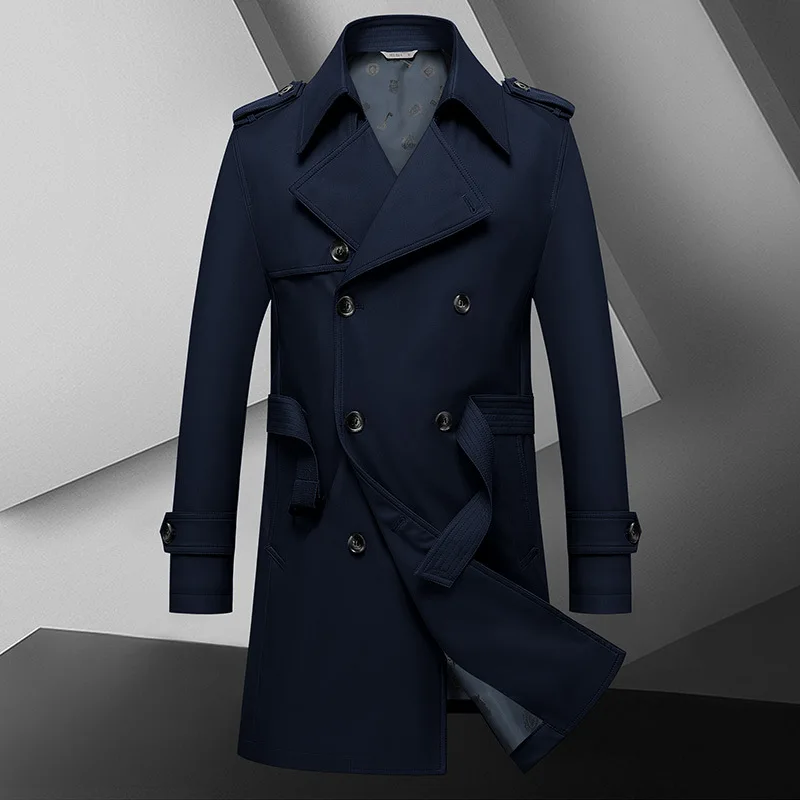 2026 Autumn Men Medium Long Trench Fashion Windbreaker Coat High Quality Men Double Breasted Coat Man Business Casual Overcoat