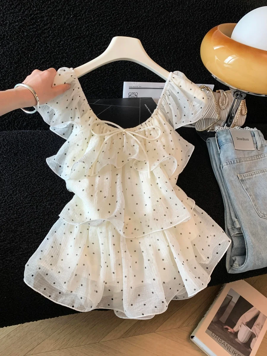 

Polka Dot Ruffle Sleeve Shirt Women Summer New Style Ultra Popular Youthful Small Top Tie Waist Loose Fit Casual Polyester