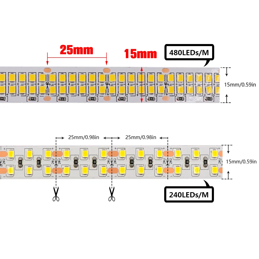 High Quality 2835 LED Strip Light 5m 10m 20m Waterproof Led Tape Ribbon Diode 120/240/480 LEDs/M Flex Led Light Stripe 12V 24V