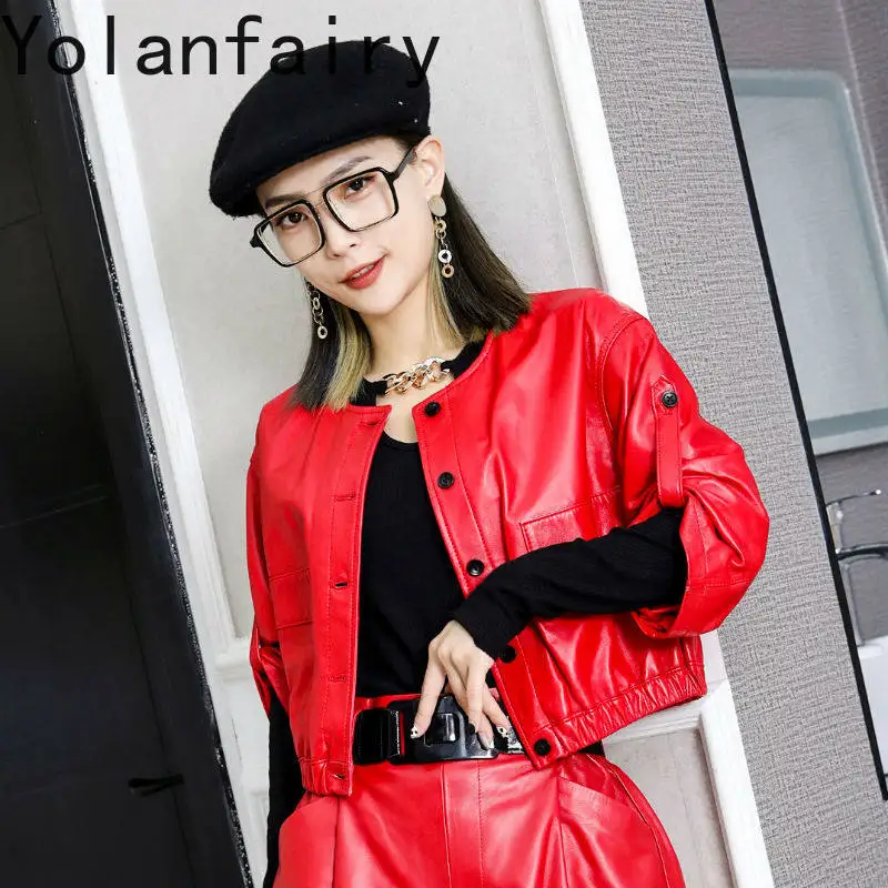 YOLANFAIRY Red Real Sheepskin Leather Jacket Women Autumn 2026 New Round Neck Korean Style Short Genuine Leather Coat Chaquetas