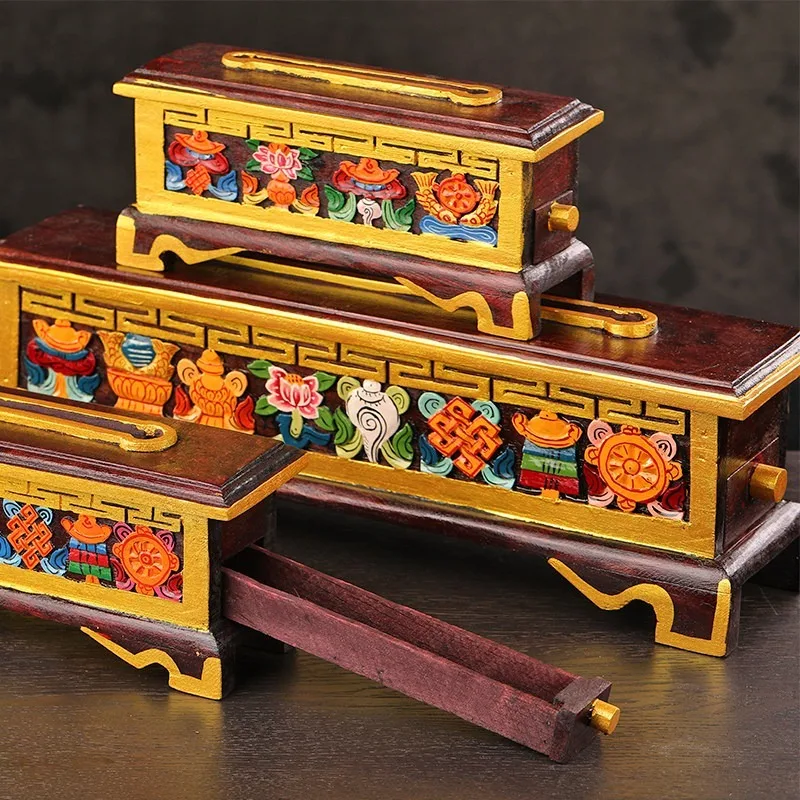 46CM Nepal Hand-painted Wooden Eight Auspicious Incense Burner Household Ornament Line Incense Storage Box Aromatherapy Stove