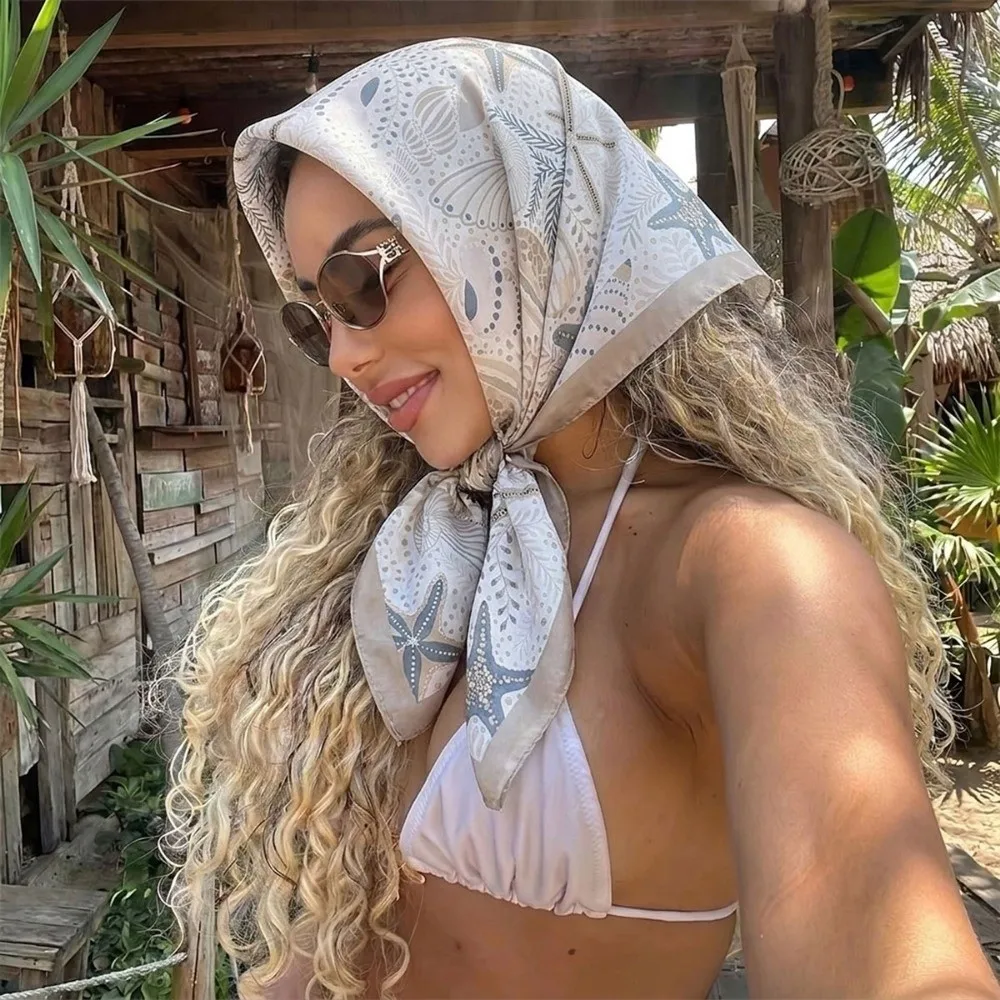 New Shell Silk Square Scarf Satin Starfish Neck Hair Tie Foulard Bandana Hijab Headband Hair Accessories