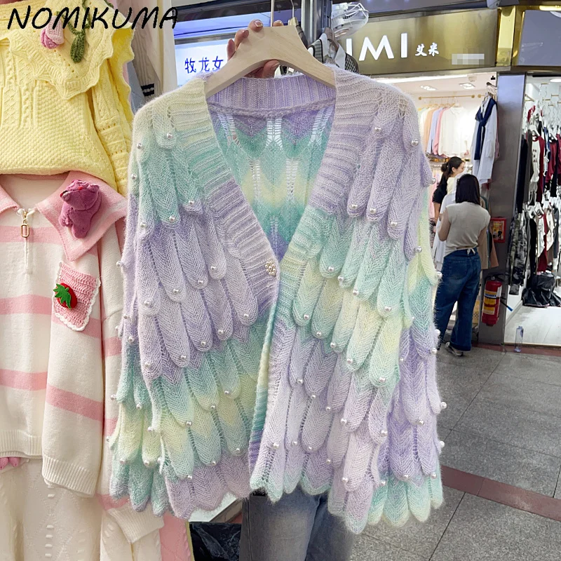 KUSAHIKI Korean 3D Feathers Knitted Fashion Rainbow Tie Dye V-neck Cardigan Coat Causal Sweater Coat Women 2023 Autumn Winter