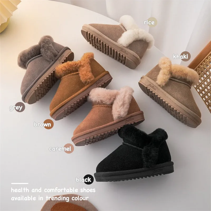 

Winter Children Warm Snow Boots Boys Thicken Fur Inside Short Boots Girls Retro Suede Princess Boots Baby Soft Cotton Shoes