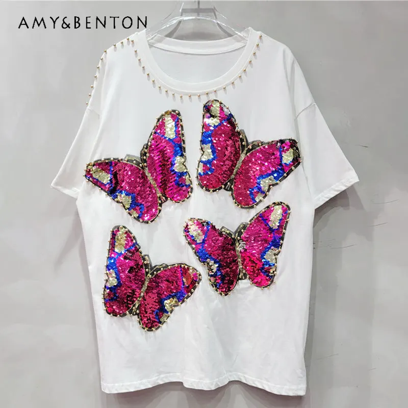 

European Style Pullovers Summer New Butterfly Heavy Industry Beaded Sequins T-Shirt Women's Loose Casual Top Tees Kawaii Clothes