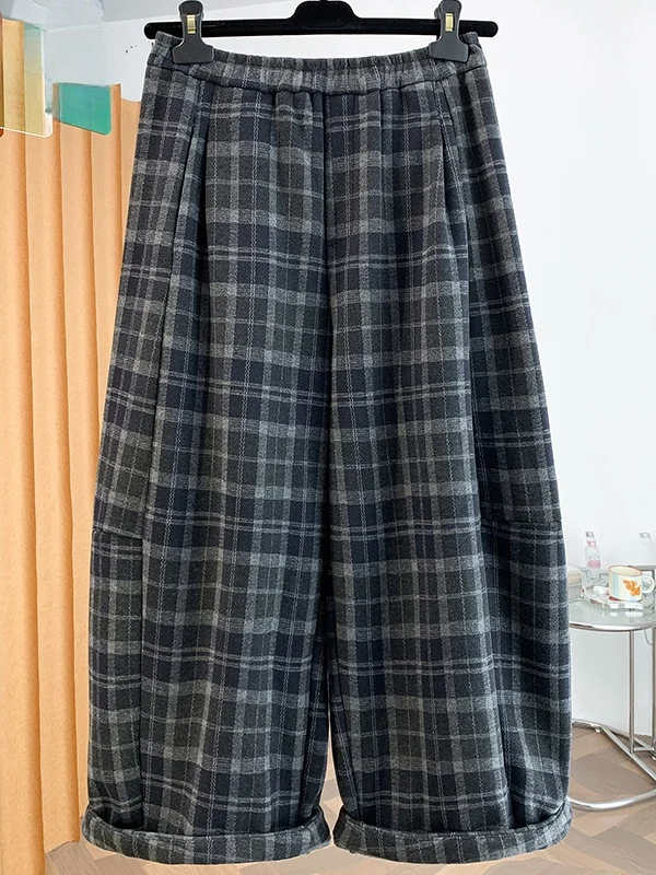 Authentic Korean Plaid Pants Women's Nine-Foot Loose Casual Wide Leg Pants Autumn Wear Comfortable Natural Waist Cotton Blend