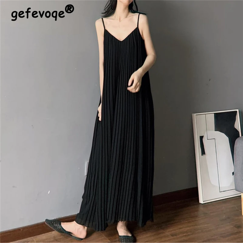 

2023 Women Summer Pleated Sexy Spaghetti Strap Sleeveless Basic Long Dresses Simple V Neck Black Loose Beach Maxi Dress Vestidos