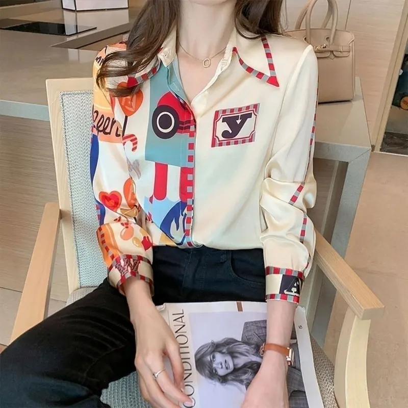 Stylish Casual Letter Printed Blouse Spring Autumn New Loose Long Sleeve Female Clothing Single-breasted Commute Polo-Neck Shirt