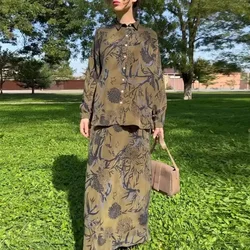 Muslim Long Skirt Outfits Women 2 Piece Sets Print Shirt Single Breasted Morocco Dubai Islam Blouse Skirts Suit Saudi Ensemble