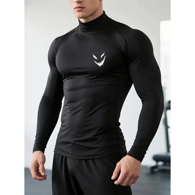 Men Funny Smiley Print Quick-drying Tight Top Gym Workout T-shirt Training Stretch Turtleneck Breathable Sports T-shirt S-3XL