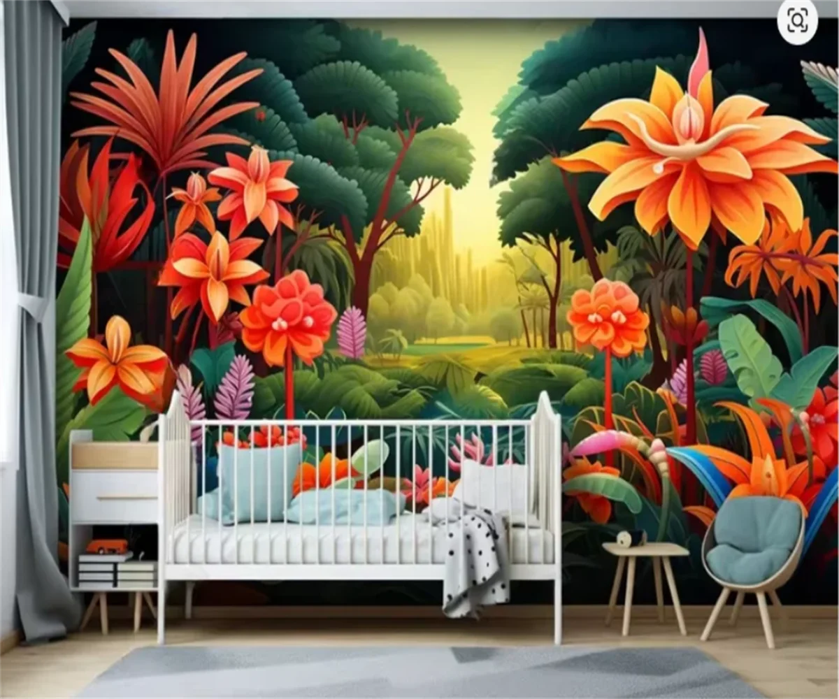 Customized Size Mural Tropical Rainforest Plant Mural HD Flower Leaf Paper Strip Decorative Painting Purple Plush 3d wallpaper