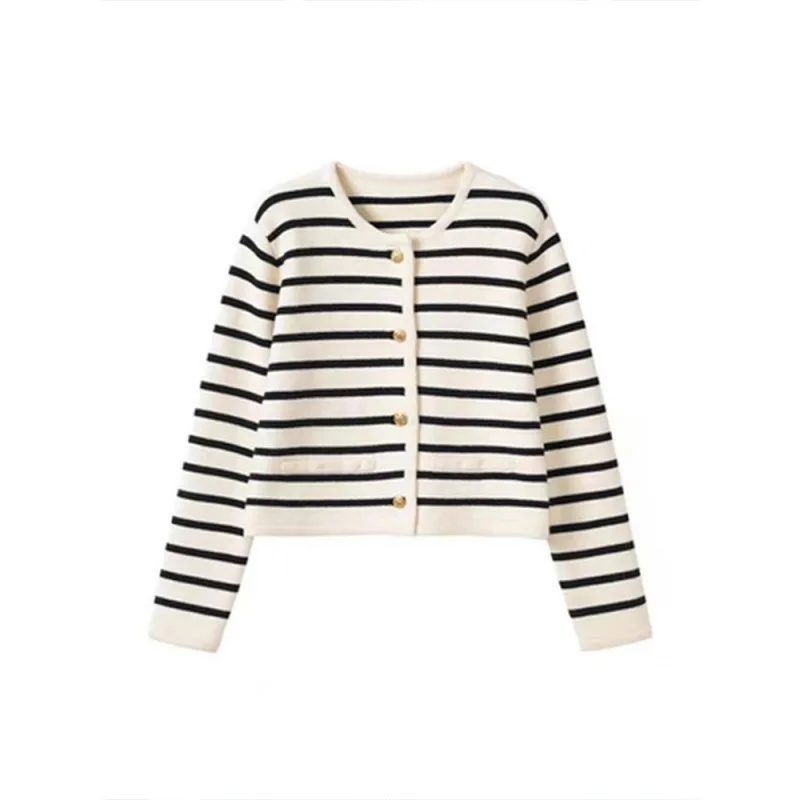

Classic Fall/Winter Striped Cardigan Sweater Short-Length Women's Sweater Single-Breasted Knit Jacket