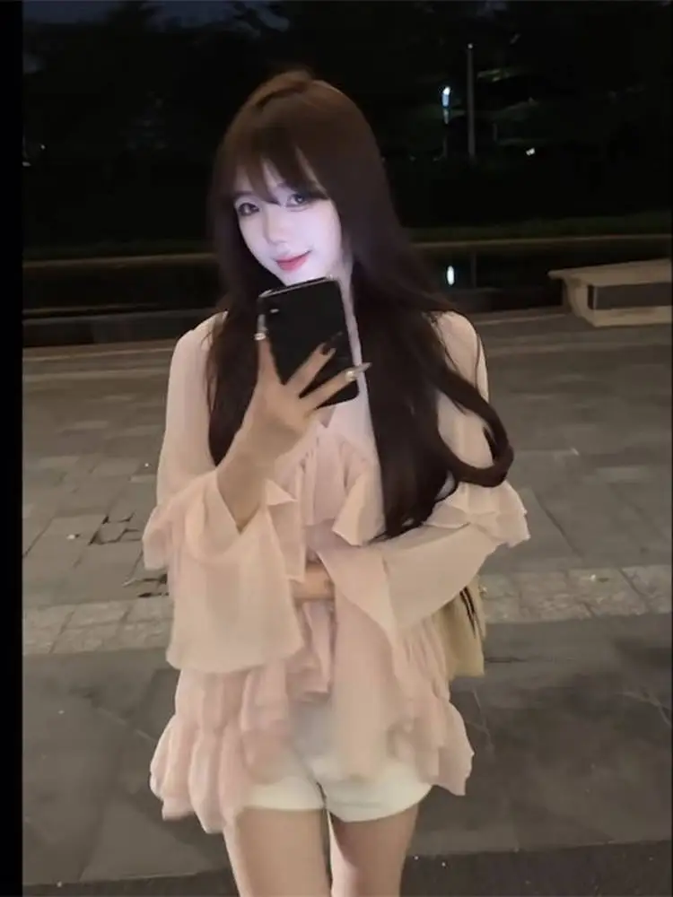 Rosa morbido e chiaro V-Ne Broderie Anglaise Moulait Lungo Sve Chin per le donne Estate Sle Loose Fit Thin irt Ele Top