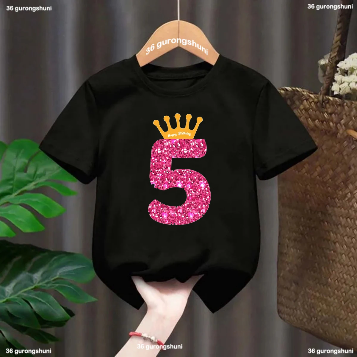 Newly kids t-shirt cute 4-12th queens crow happy birthday girl print  t shirts for girls/boys kids birthday clothes shirt tops