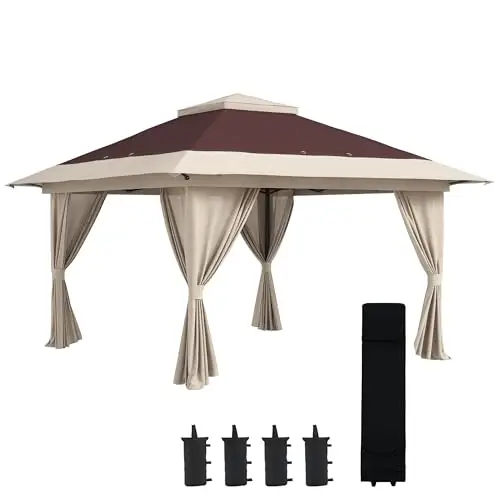 13' x 13' Pop Up Gazebo with Netting, UPF 50+, Brown | Instant Canopy Tent Shelte, Water/Sand Bags, Wheeled Carry Bag