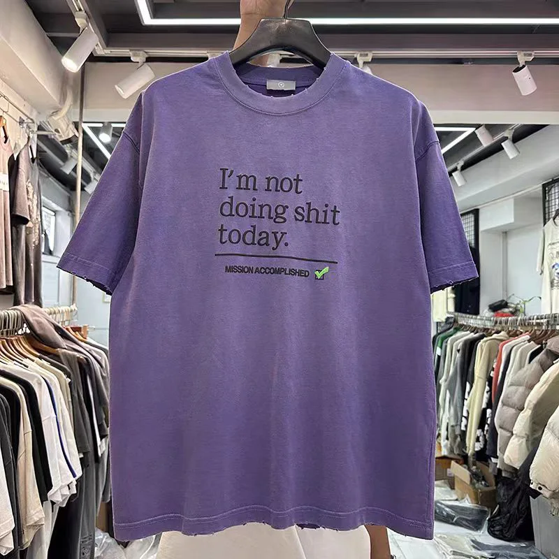 

Purple Grey Men Woman Summer T-shirts Wash Make Old Gradient Wear Through Loose Casual Trend Heavyweight Top Tees