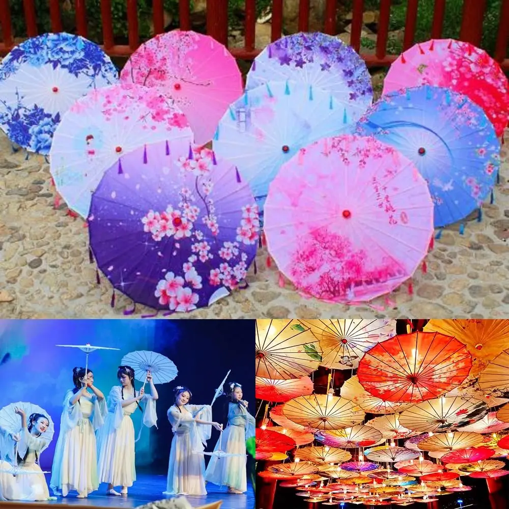ร่มพัดผ้าไหมสไตล์จีนโบราณ ขนาด 56 ซม. สำหรับคอสเพลย์ ฮั่นฝู ร่มกระดาษน้ำมัน 10 สี พร้อมพู่ห้อย ใช้เป็นอุปกรณ์ประกอบการเต้นรำ