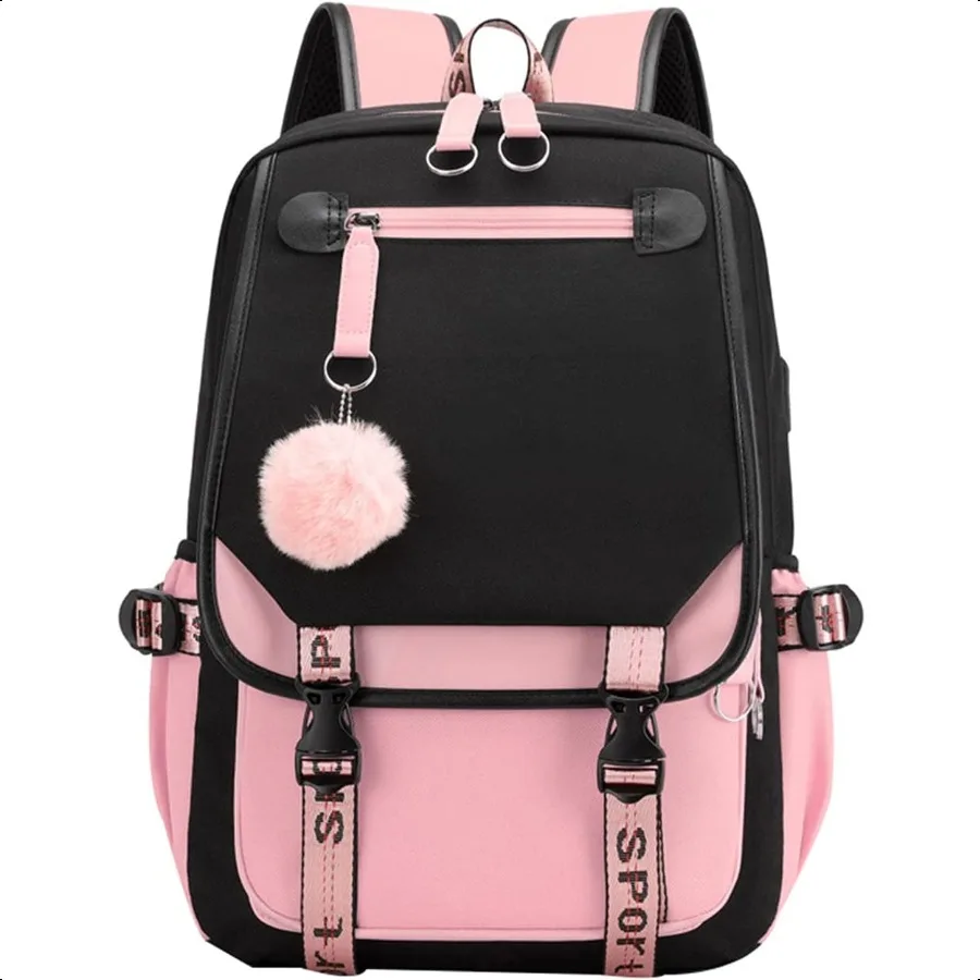 

Teenage Girls' Backpack Middle School Students Bookbag Outdoor Daypack with USB Charge Port 21 Liters Black Pink