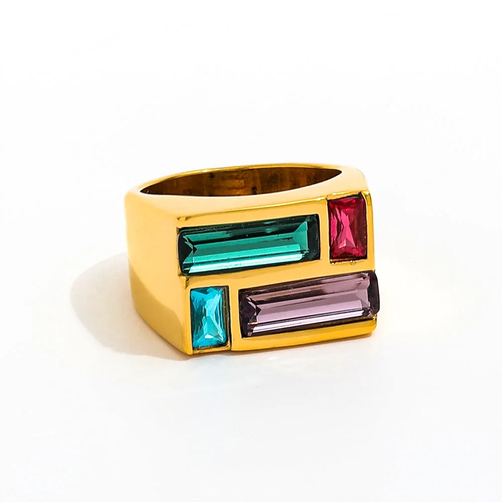 

Joolim Jewelry High End PVD Wholesale Waterproof Fashion Multi-color Crystal Spliced Seal Stainless Steel Finger Ring for Women