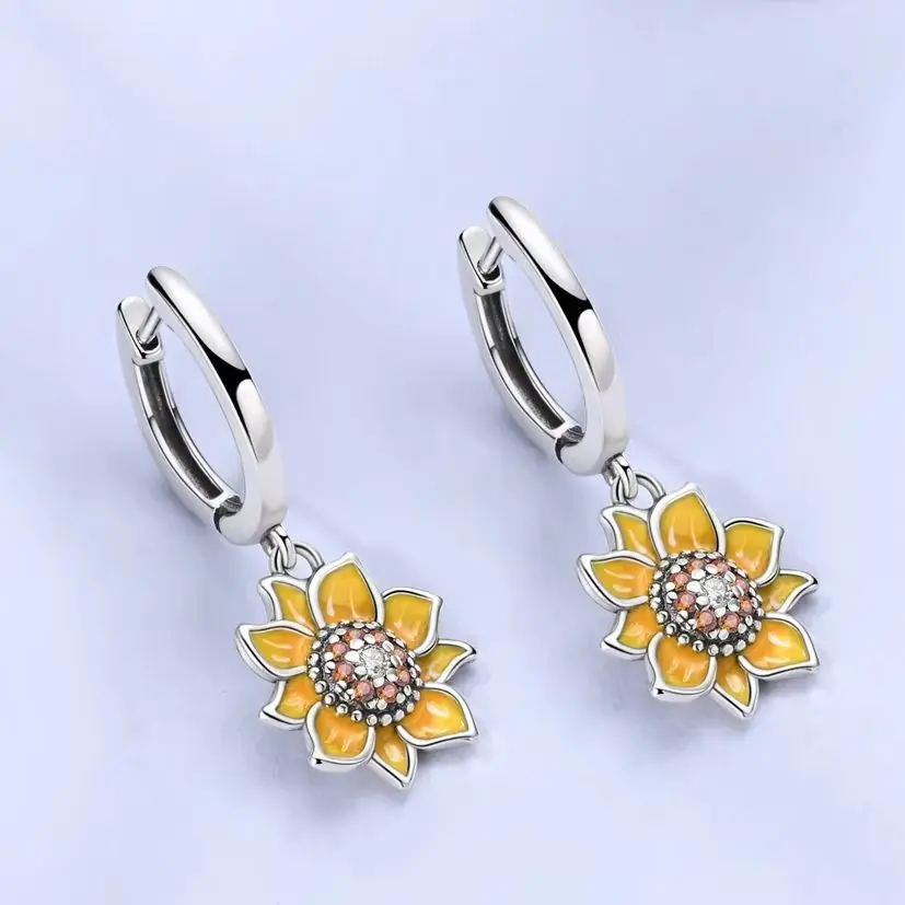 

Original 925 Silver Woman Earring Sunflower Pendant Earring Fahsion Jewelry For Lady