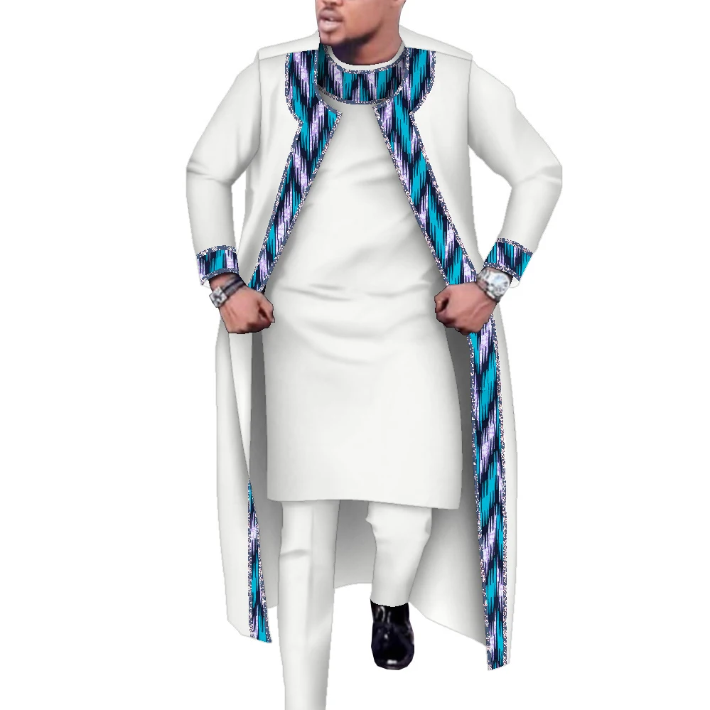 3 Pcs Set Long Robe Tops and Trouser Suits African Print Cotton Long Robe Pants Sets Party Wedding African Men Clothing Wyn1555