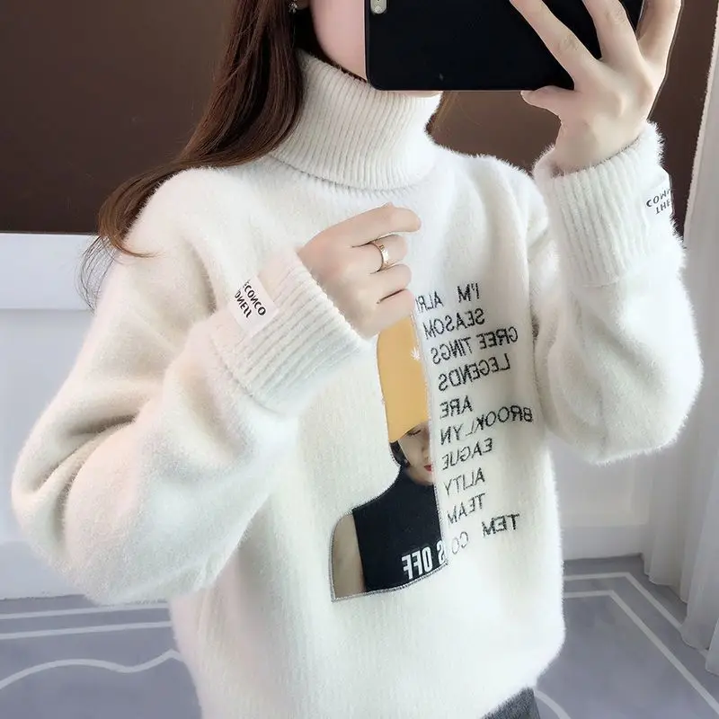 

Women's Imitation Mink Velvet Turtle Neck Sweater, Loose Jacket, Embroidered Letters, Warm Pullover, Knitt, Autumn, Winter, New